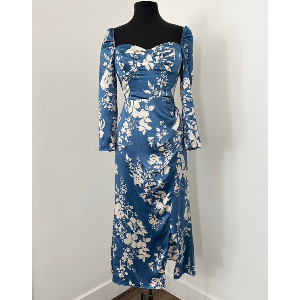 Reformation Gloriana Midi Dress 4 Blue Floral Satin Long Sleeve‎ Romantic